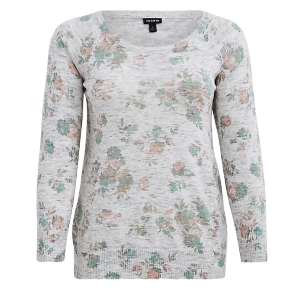 Torrid Heather Gray Floral Knit Sweater with Mint and Dusty Rose